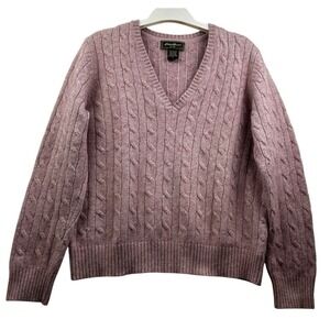 Eddie Bauer Womens Cable Knit V-Neck Sweater L Pink Angora Blend Made in Japan